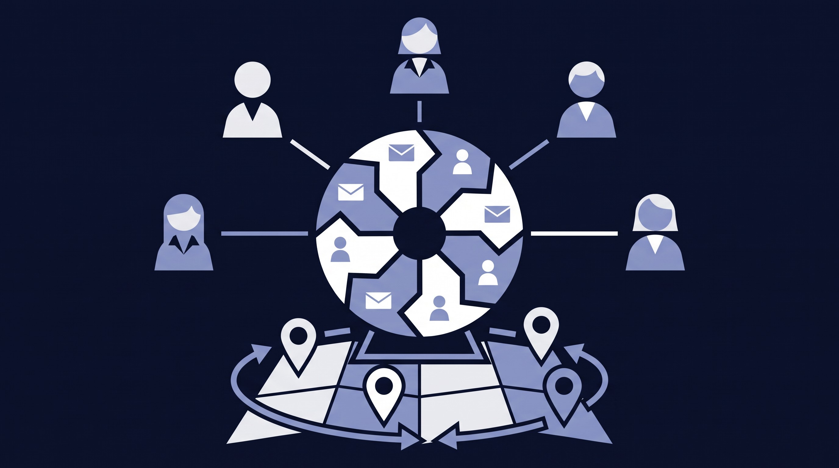Illustration of incoming leads distributed evenly to a team of sales reps