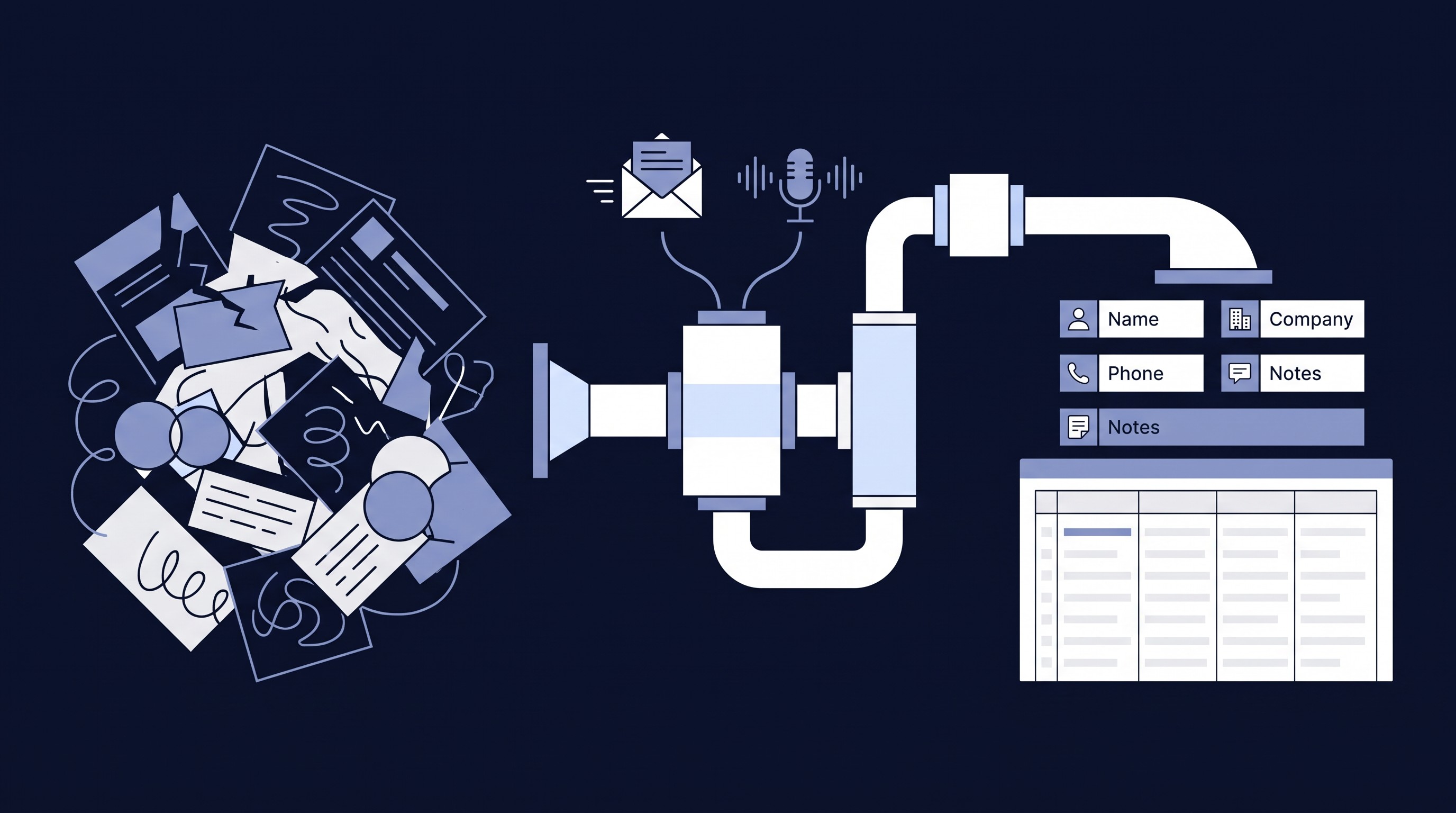 Illustration of AI extracting clean CRM fields from emails and calls